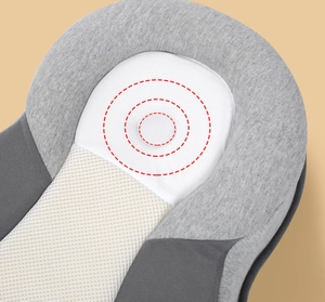 Dettaglio del tessuto a rete grigia traspirante con design concavo per il supporto del bambino