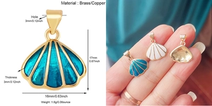 Détail du pendentif coquillage en laiton avec dimensions et zircone bleu sarcelle
