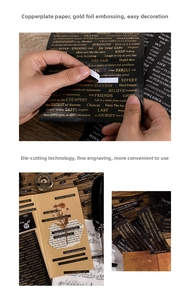 Macro shot of gold foil vintage English text stickers on premium copper paper for DIY scrapbooking