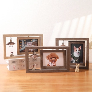 Rotating Photo Frame Double Sided Wood Tabletop Picture Frame With Decorative Mini Lamp And Glass Dome Dried Flower Retro