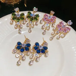 Sparkling zircon waterdrop tassel earrings with vintage flower clusters and colorful stones