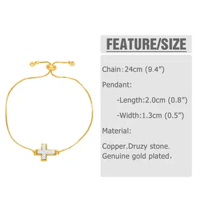 Size chart showing dimensions for the gold-plated cross bracelet with druzy stone detail