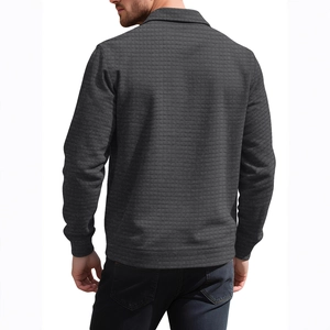 Men's dark grey check cardigan jacket with zipper pocket in waffle texture from the back