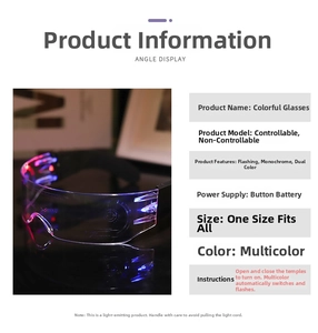 Detail view of colorful LED cyberpunk glasses with dual battery switches and light modes