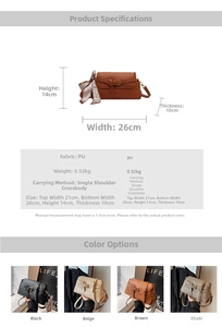 Detailed size chart and multi-color options for the stylish PU leather crossbody bag