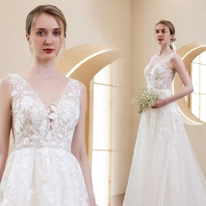 Elegant White Wedding Dress V Neck Sleeveless Backless Lace Embroidery Tulle A Line Bridal Gown Small Train For Women