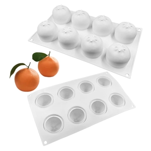 Detail of 8-cavity white silicone mold for orange mousse cake with front and back view
