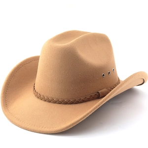 Classic camel wool felt western cowboy hat with braided leather band and metal eyelets