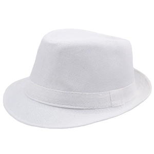 Close-up of white woven linen jazz fedora hat showing detailed texture and band