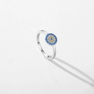 Vintage S925 sterling silver evil eye ring with sparkling blue and white zircon pavé