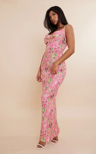 Detail of pink floral pleated long dress with spaghetti straps and slim fit design