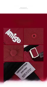 Detail of burgundy cotton baseball cap with white Amigo 3D embroidery and metal buckle