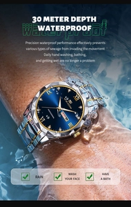 Business quartz watch with blue dial and steel band showing 30M waterproof capability underwater