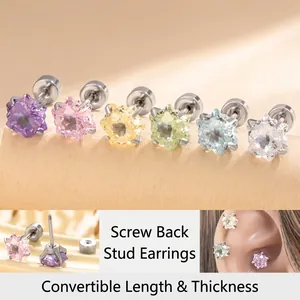 Star Cubic Zirconia Titanium Steel Stud Earrings Screw Back Cartilage Piercing Jewelry For Women Sweet Style