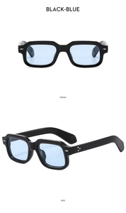 Front and side view of square arrow sunglasses with black frames and light blue lenses