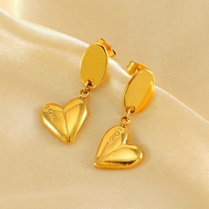 Heart Drop Earrings Gold Plated Stainless Steel Love Engraved Vintage Elegant Style Women Fashion Jewelry Accessories