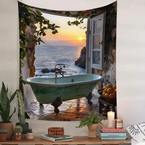Detail showing sunset beach scenery tapestry hanging on a white wall in a cozy room