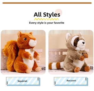 Detailed close-up of plush forest squirrel and raccoon toys with realistic faux fur texture