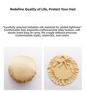 Detailed view of the champagne gold faux silk hair bonnet with soft elastic and bow