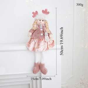 Detail showing dimensions of a pink Christmas plush doll with retractable legs on a shelf