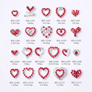 20 styles of red heart nail charms in silver alloy settings for Valentine nail art