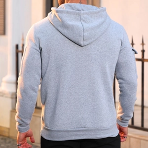 Men's light grey fleece hoodie with tactical utility zipper pocket on the left sleeve