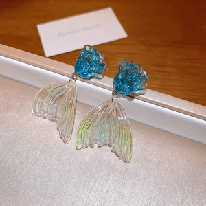 Elegant blue acrylic flower and mermaid tail drop earrings with silver pins for women