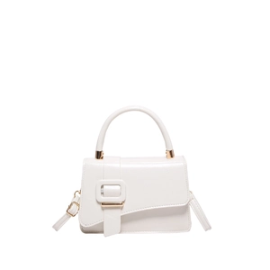 Minimalist white faux leather handbag with golden buckle and sleek top handle