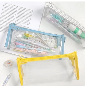 Close-up of clear PVC stationery bags with sky blue, bright yellow, and white frames