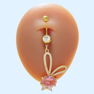 Piercing ombelico coniglio dorato con cristallo rosa e diamanti bianchi scintillanti