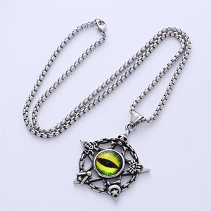 Gothic pentagram skull necklace with green eye pendant on stainless steel square chain