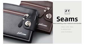 Detailed view of neat stitching and lychee grain leather texture on men wallet