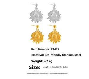 Detailed specs of sunflower earrings in gold and silver finish on eco-friendly titanium steel