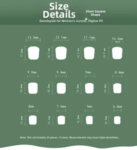 Size chart for 24pcs short square press-on nails with 12 different width dimensions