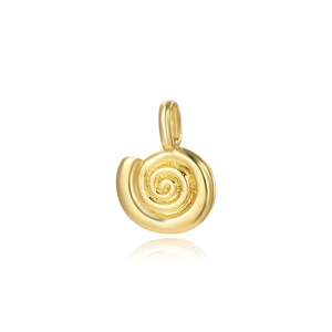 Macro view of a polished golden spiral round pendant with a top hanging loop