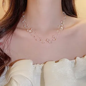 Three-layer clear crystal bead necklace with minimalist invisible chain design for women