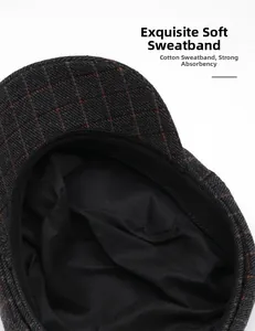 Detailed view of soft cotton sweatband inside the vintage plaid wool newsboy hat