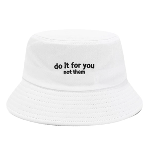 Classic white cotton bucket hat featuring minimalist black embroidered inspirational slogan