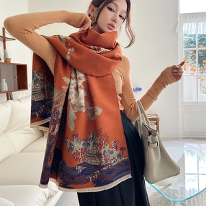 Elegant orange landscape art scarf in faux cashmere with tassels and floral scenery