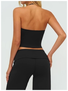 Close-up of the back design on this black brushed yoga tank top for women