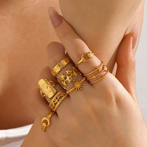 Stainless Steel Gold Plated Star Moon Sun Celestial Adjustable Open Rings For Women Vintage Bohemian Chic Jewelry Gift