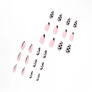 Faux ongles roses et noirs avec motifs de flammes, damier et yin yang, set de 24 pièces