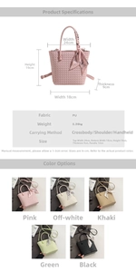 Detailed size chart and multi-color comparison for woven bucket bag with silk scarf