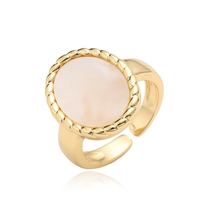 18K gold-plated adjustable ring featuring an oval pink shell inlay and rope-textured edge