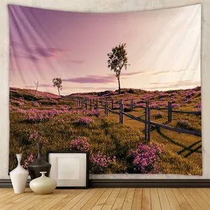 Sunset Landscape Tapestry Polyester Wall Hanging Purple Flower Field Wooden Fence Dreamy Nature Scenery For Home Bedroom Decor