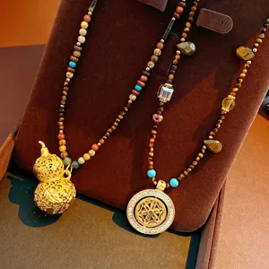 Tiger Eye Stone Beaded Long Pendant Necklace Ethnic Gourd Hulu Mandala Copper Hollow Sweater Chain Jewelry For Women