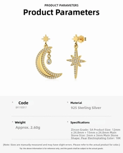 Detailed close-up of S925 sterling silver asymmetrical moon and star drop earrings