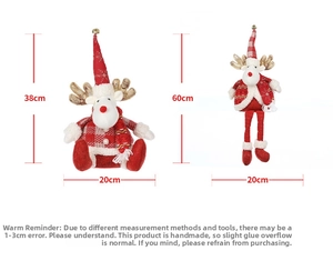 Detailed size chart showing red and white plaid reindeer gnome plush dolls in two sizes