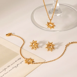 Detailed view of gold sunflower jewelry set with necklace, bracelet, and stud earrings