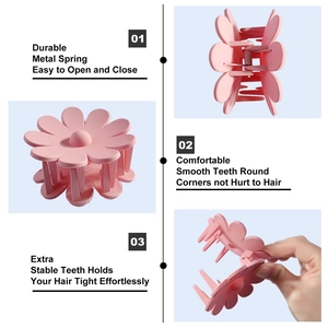 Detail of pink flower hair claw clip with durable metal spring and smooth teeth